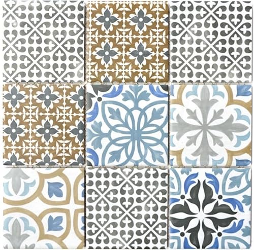 Retro Vintage Mosaik Fliese Keramik creme blau orange grau matt für BAD WC DUSCHE KÜCHE FLIESENSPIEGEL THEKENVERKLEIDUNG BADEWANNENVERKLEIDUNG WB22B-1406