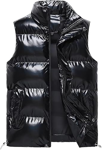 JiaWell Männer Weste, 2025 Winter Warme Männer Ärmellose Jacke Stehkragen Weste Mann Jacke Weste Daunenweste Gegstatt Gepolsterte Glänzende Gilet(Black,XXXL)