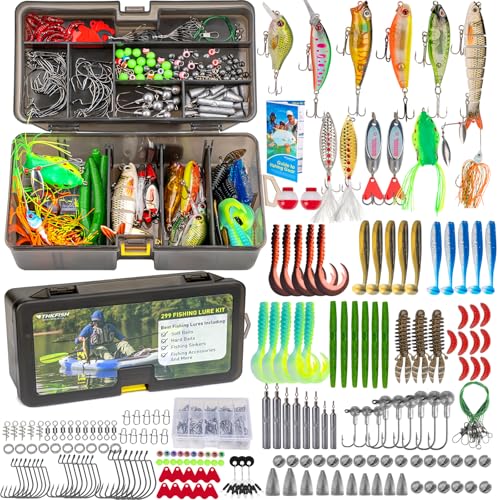 THKFISH Angelköder-Set, 299 Stück Angelzubehör Ausrüstung, Angelset Angelsachen Angelkoffer Köderbox mit Angel Zubehör Köder Angelhaken Angelblei Spinnköder