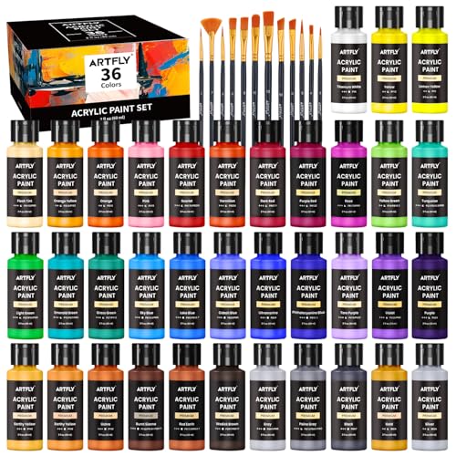 ARTFLY Acrylfarben Set, 36 Farben (2oz/60ml), 12 Pinseln, ungiftig, Acryl Farben wasserfest Reiche Pigmente für Künstler, Student, Erwachsene auf Steine, Leinwand, Holz, Ton, Keramik, Kunsthandwerk