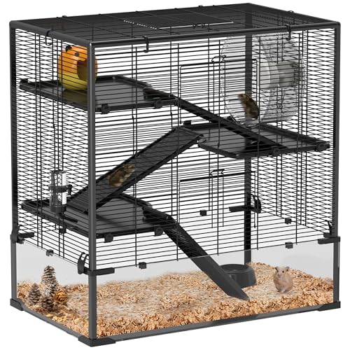 PawHut Hamsterkäfig für Zwerghamster, 4-stufiges Kleintierkäfig mit Glasboden, Hütte, Nagerkäfig mit Laufrad, Rampen, Zwerghamsterkäfig mit Futterschale, Schwarz 78,5 x 48,5 x 80 cm