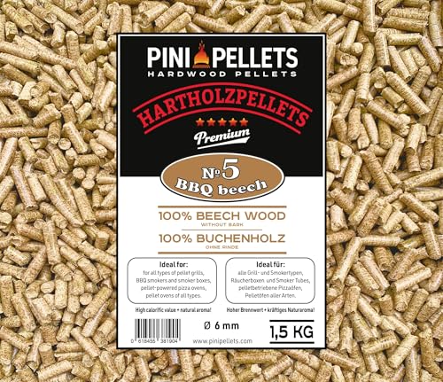 PINI Hartholzpellets 100% Buche № 5 BBQ Beech 1,5 Kg Grillpellets zum Grillen Räuchern Smoken und für Pizzaofen