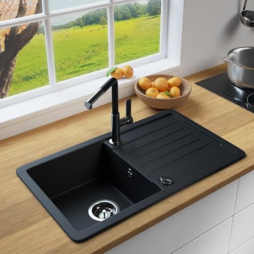 LINDBERGH® Granit Spüle + kompl. Siphon und Imprägnierung mit Abtropffläche, Einbauspüle Küchenspüle Spülbecken - Verbundstoffe MADE IN GERMANY (VEL44-755 x 433 mm (Schwarz))
