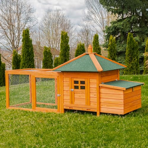 Miweba MyAnimal Hühnerstall MH-19 | 206x73x123 cm - Für 3 Hühner - Nistkasten mit Freilaufgehege - 2 Sitzstangen - Winterfest - Hühnerhaus mit Eiablage - Kiefernholz - Voliere (Braun)