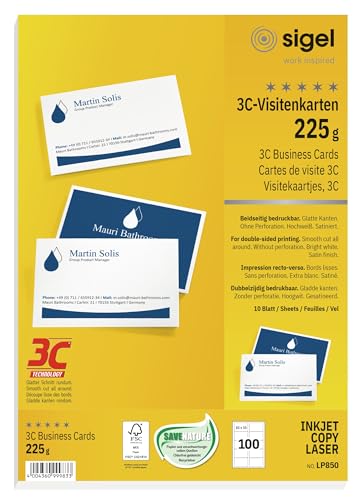 SIGEL LP850 Visitenkarten 3C, 100 Stück (10 Blatt), beidseitig bedruckbar, hochweiß, glatter Schnitt rundum, 225 g, 85x55 mm