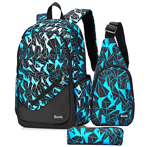 bunie Schulrucksack Jungen Teenager Kinder Große Schule Rucksack Mädchen Schultasche Coole Schulranzen Jungen 2 3 4 5 6 7 Klasse Ranzen Oder 8 9 10 11 12 13 14 15 Jahre School bag for Boys Sets Blau