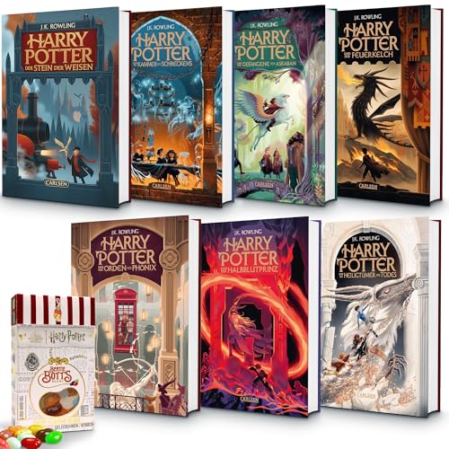 J.K. Rowling Bücher Bundle Harry Potter Band 1–7 – prachtvolle Neuauflage 2025 mit extra Jelly Belly Bertie Botts Bohnen (35 g) – detailreich illustriert für Kinder, Jugendliche und Erwachsene