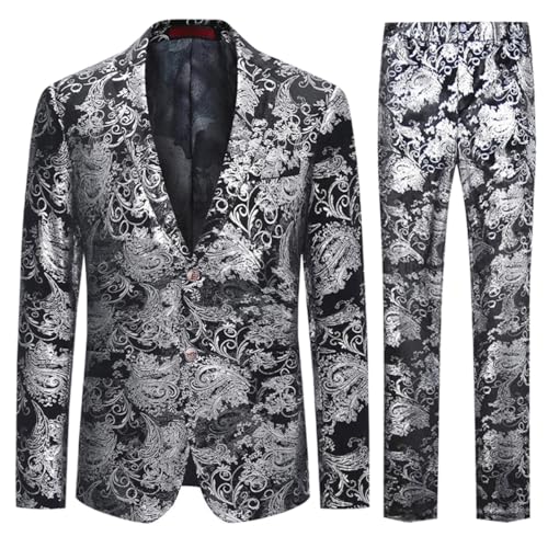 Allthemen Herren Anzug Jacquard Anzüge 2 Teilig Paisley Smoking für Hochzeit Party Silber M