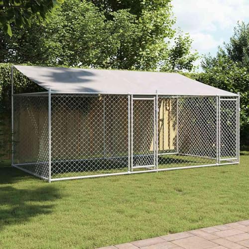 Gecheer Hundezwinger mit Dach und Türen Grau 4x2x2 m Verzinkter Stahl, Hundezwinger Freilaufgehege für große Hunde Garten Camping Outdoor