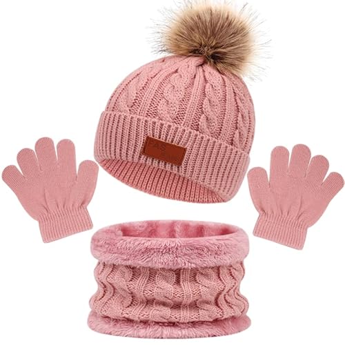 LINSOCLE 3 in1 Kinder Wintermütze Schal Handschuhe Set, Mädchen Winter Beanie Hut Handschuhe Runder Schal Set für Kinder 2-7 Jahre