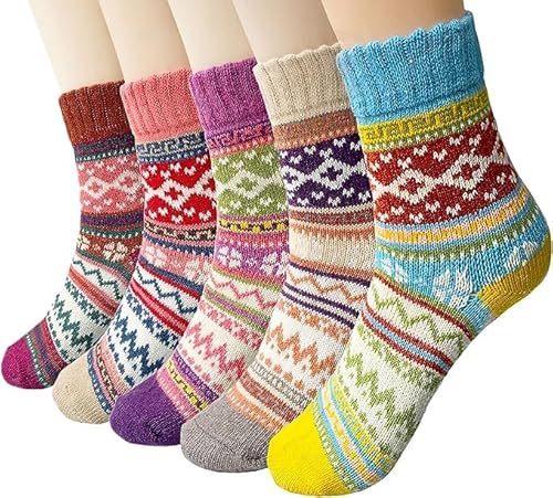 Justay Pucott 5 Paare Wollsocken Warme Socken Damen, Bunt Dicke Thermosocken Winter Stricksocken für Frauen
