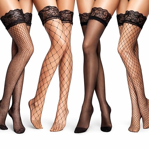 TMZELOA 4 Paar Halterlose Netzstrümpfe Spitzenstrümpfe Oberschenkelhohe Strümpfe für Damen, Damen Netzstrümpfe, Silikon Spitze Schenkelstrümpfe, Halterlose Strümpfe für Damens für Täglichen Gebrauch