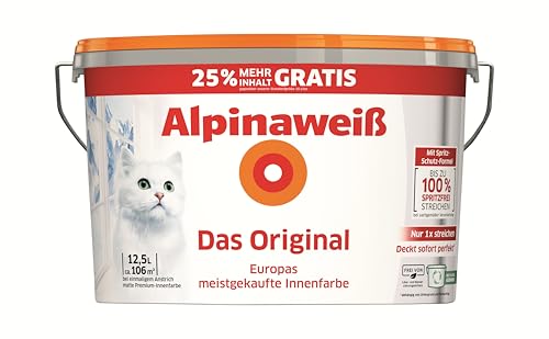 Alpinaweiß Das Original – optimal deckende und ergiebige weiße Wandfarbe – mit Spritz-Schutz-Formel – 10 Liter + 2,5 Liter gratis