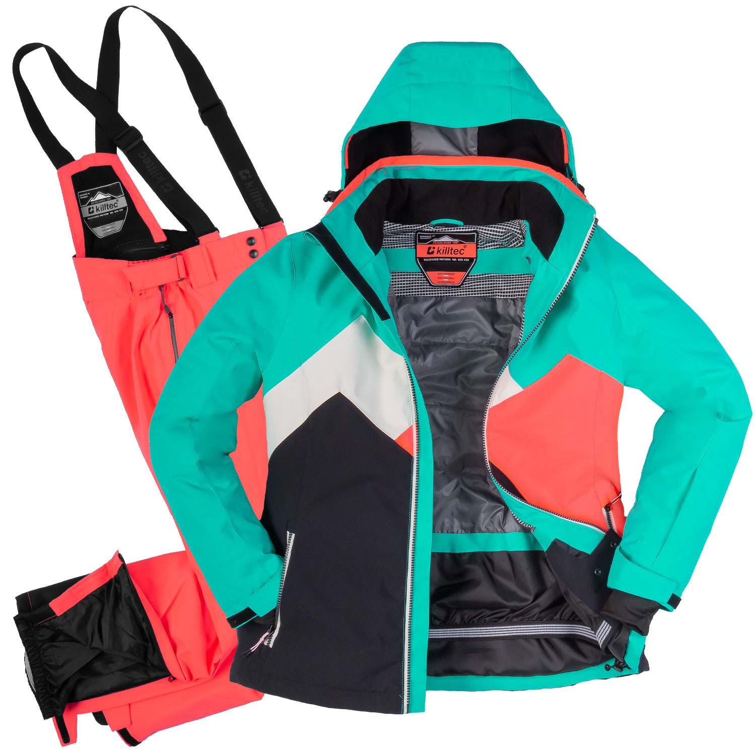 Skianzug Damen Skijacke aqua/neon coral + Skihose neon coral Gr. 42