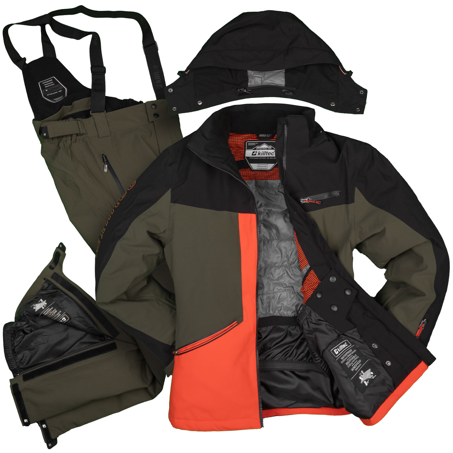 Skianzug für den Herren-2teilig wasserfest - atmungsaktiv - verschweißte Nähte - olive grün - weiß