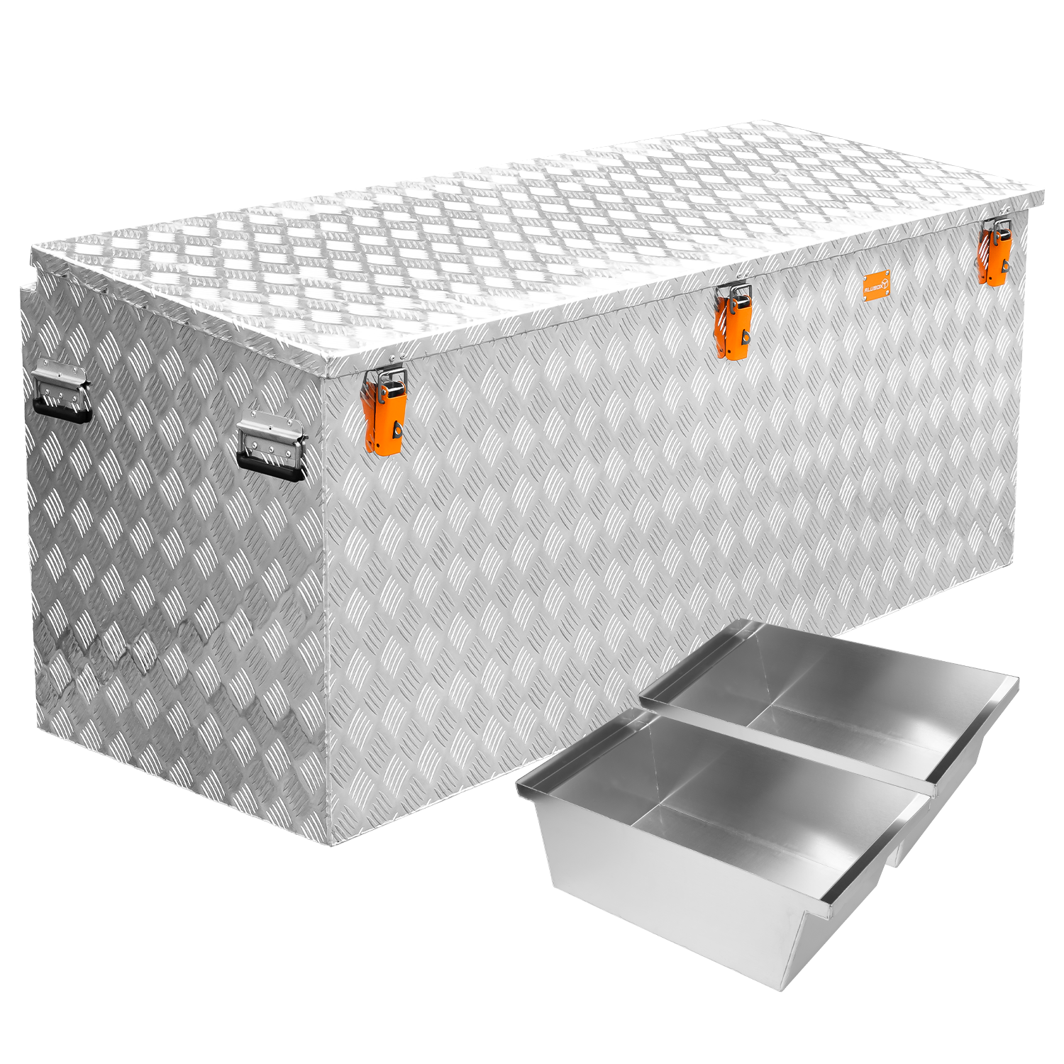 ALUBOX Pritschenbox 780 L - mit 2 Einsätzen - Riffelblechbox - Werkzeugkiste - Pritschenwagen Box - Druckfeder im Deckel