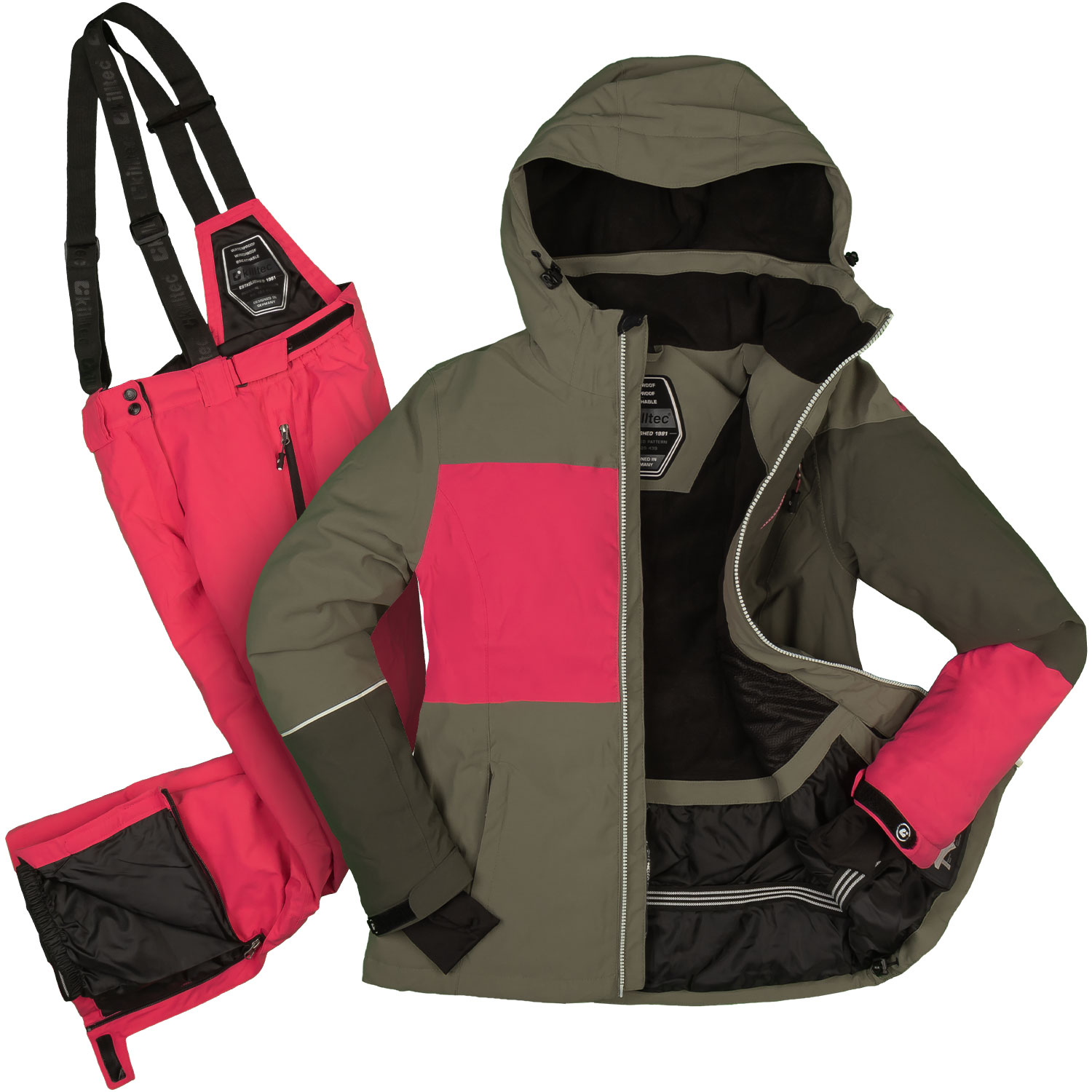 killtec Damen Skianzug Set Skijacke grün Skihose pink Größe 46