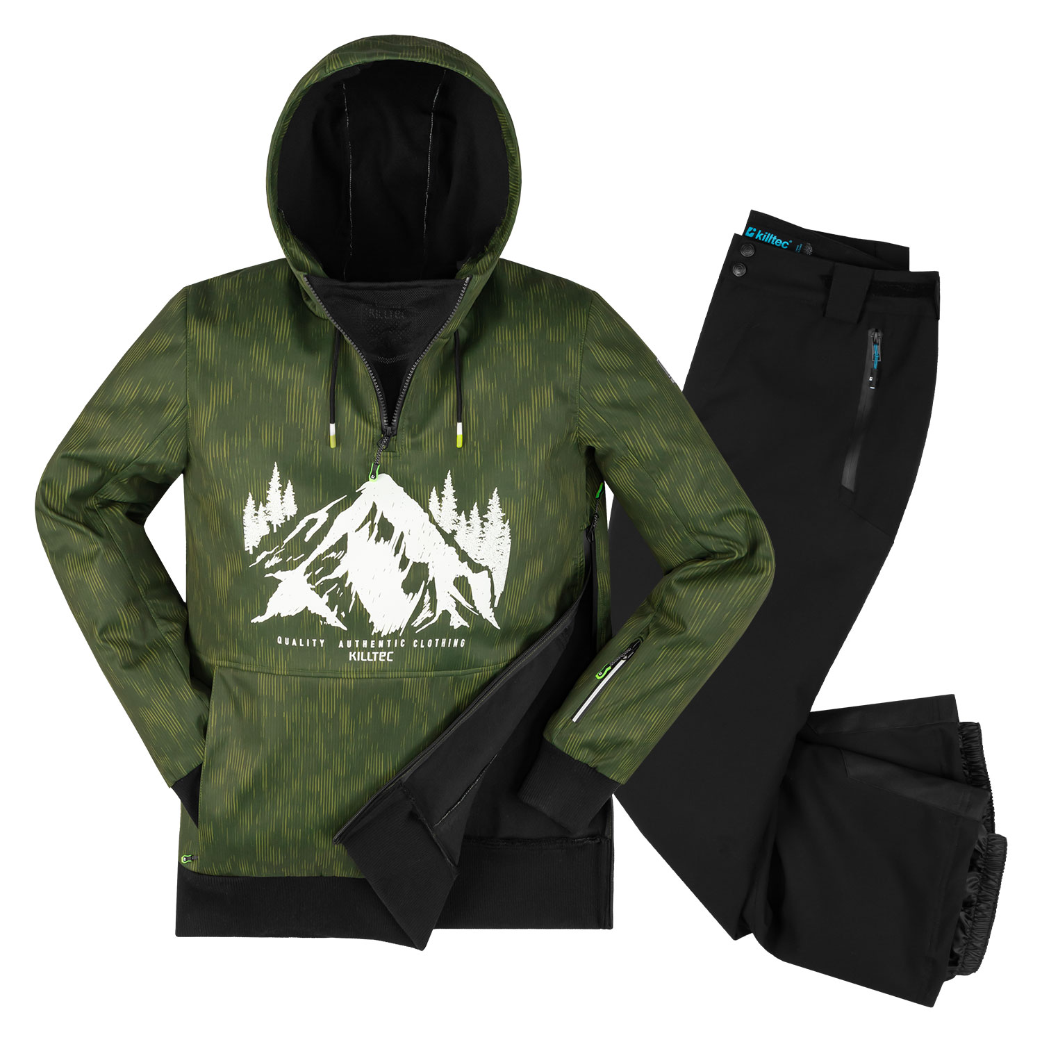 kiltec Herren Skianzug Gr. XXL Hoodie Skijacke moosgrün Camouflage - Skihose schwarz stretch Softshell - fällt kleiner aus