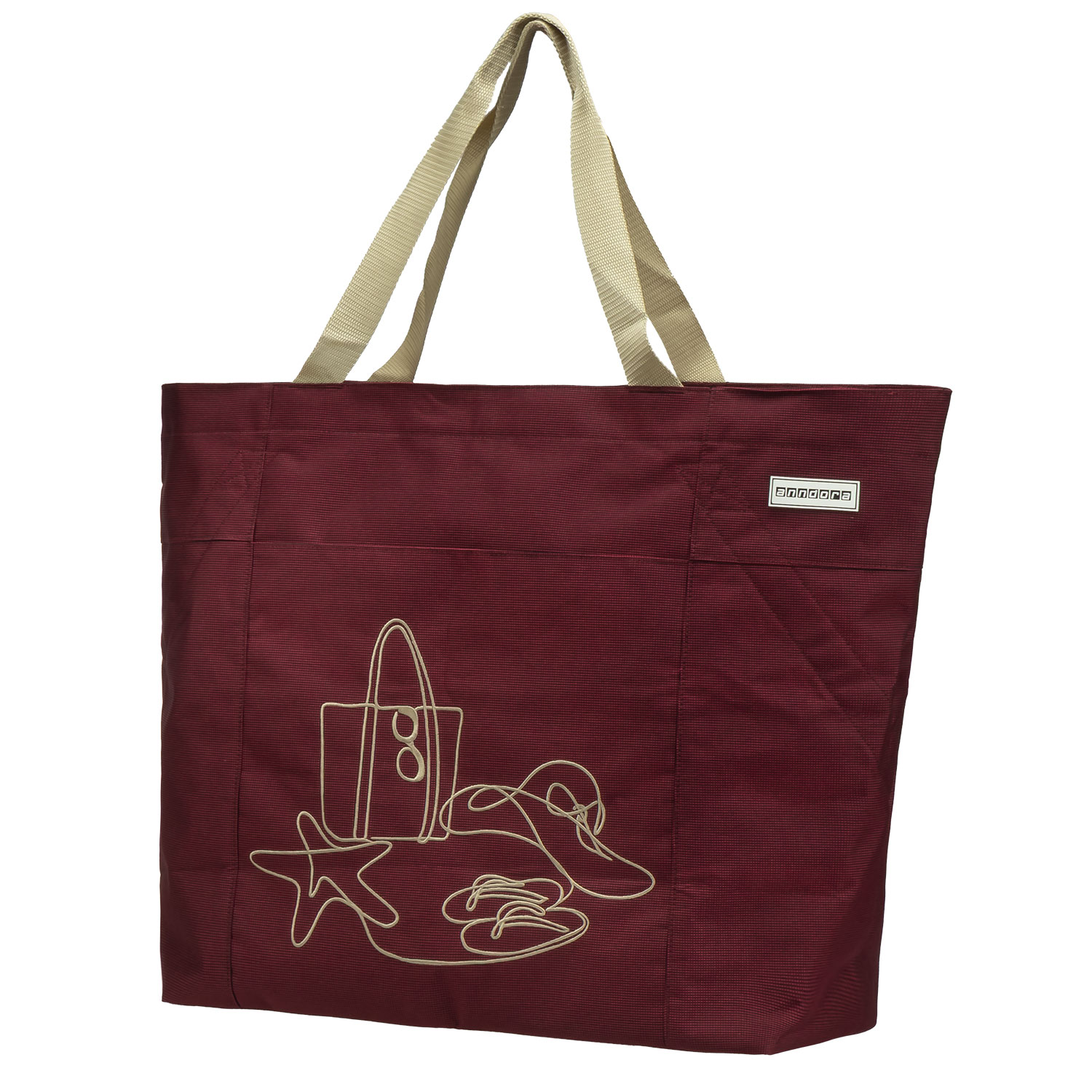 anndora Strandtasche XXL bordeaux rot hochwertige Stickerei auf robustem Material mit Strandmotiv