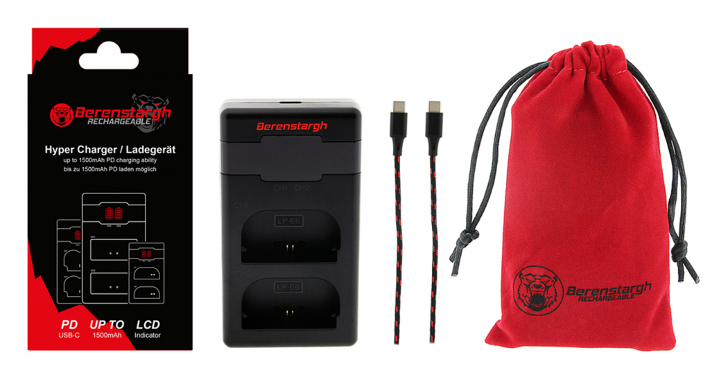 Berenstargh Ladegerät Canon LP-E6 EOS 60D, 70D 5D,6D,7D + USB-C Kabel