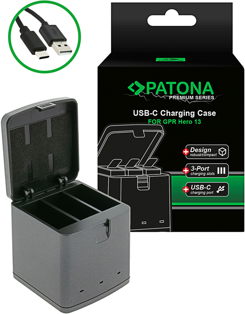PATONA Premium Tripple-Charger Ladebox für GoPro Hero 13 + USB-C Kabel