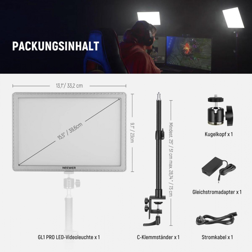 NEEWER GL1 Pro Bi-Color LED Flächenleuchte für Streamer/Gamer