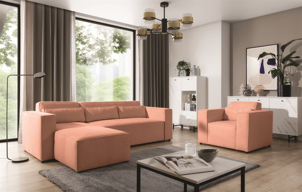 Ecksofa Schlafsofa inkl. Sessel WALDO Stoff Brooklyn Coral Ottomane Links