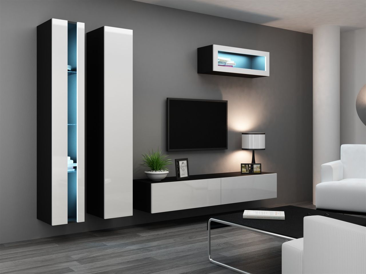 Mediawand Wohnwand 4 tlg - SENTIC 2 -Schwarz/Weiss Hochglanz inkl. LED