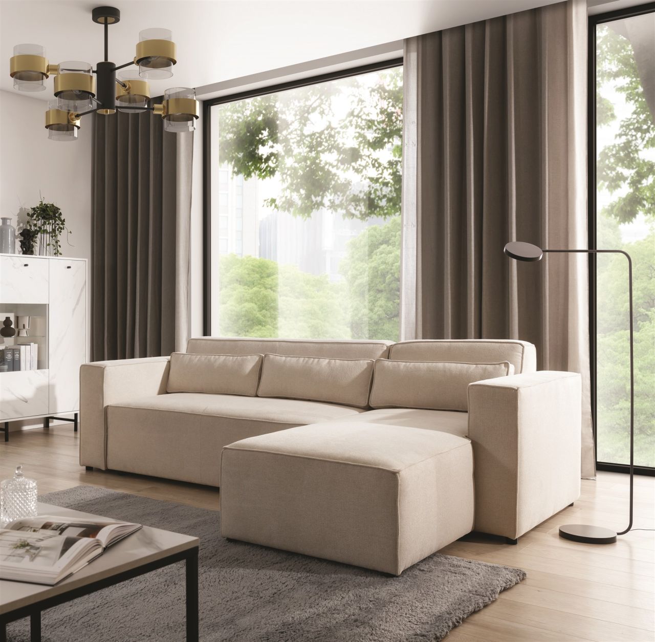 Ecksofa Schlafsofa WALDO Stoff Brooklyn Pearl Ottomane Rechts