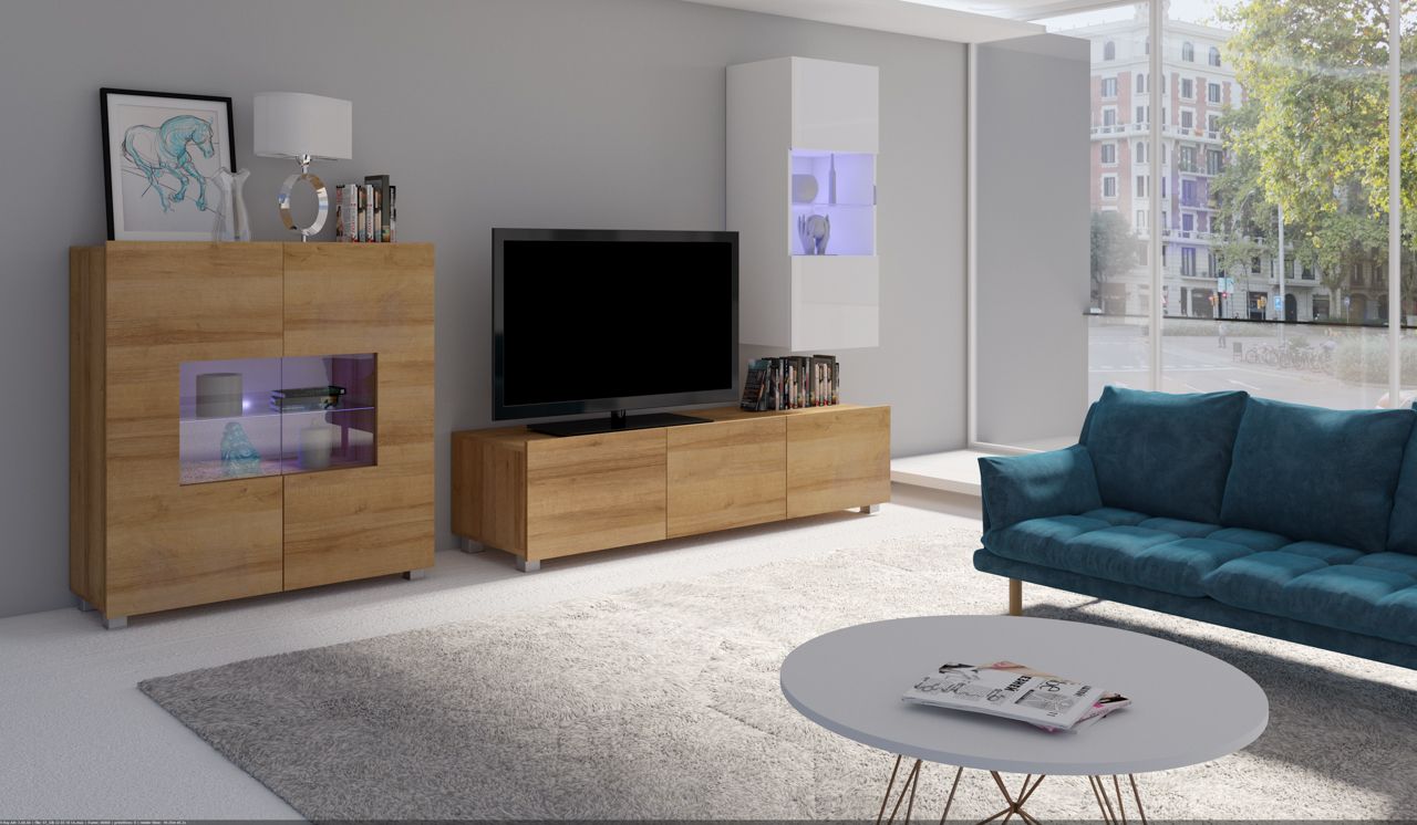 Mediawand Wohnwand 3 tlg - LABRI 7 - Sonoma / Weiss Hochglanz