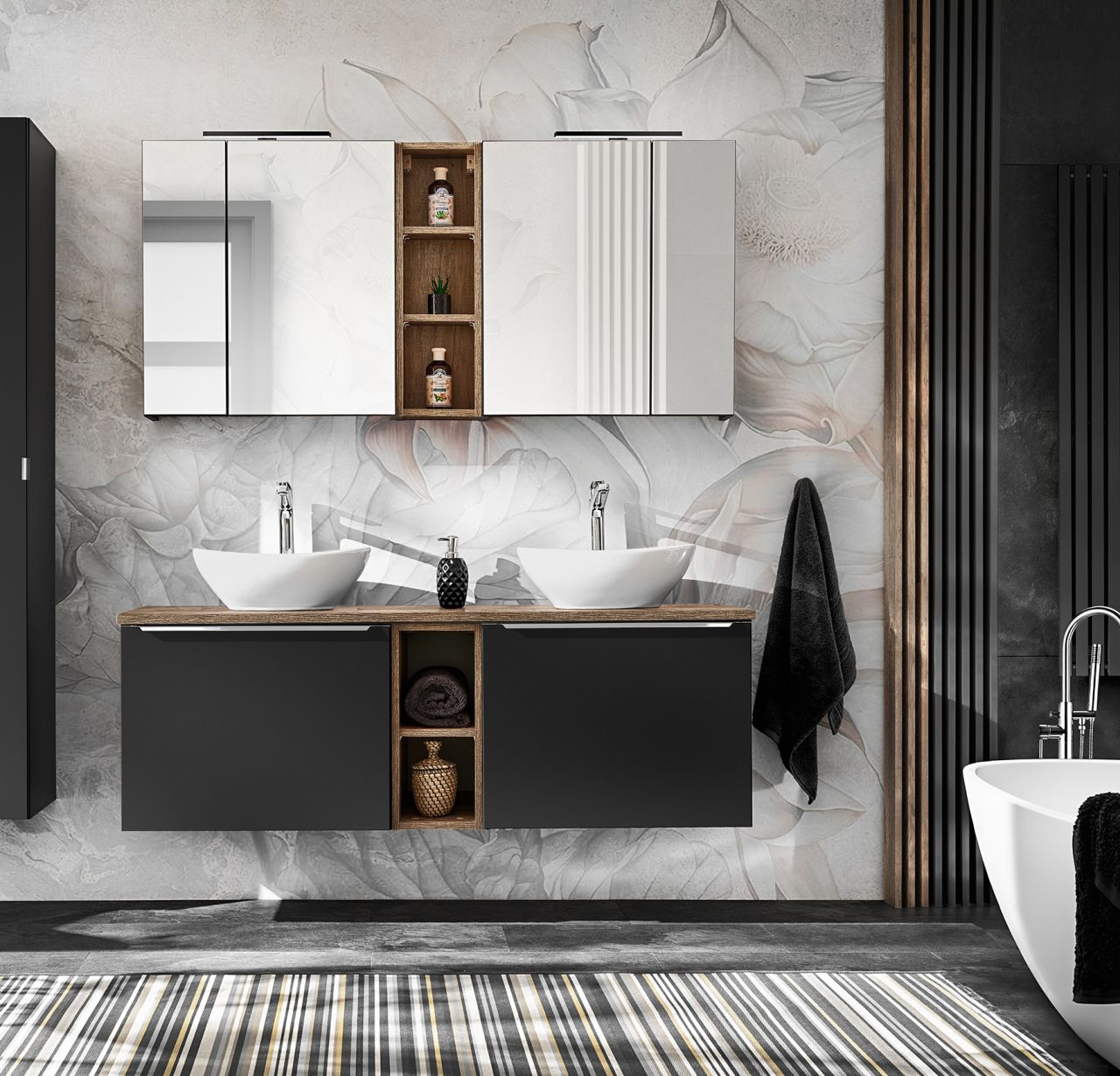 Badmöbel Set 8-tlg Badezimmerset AKAN Schwarz matt inkl. Waschtisch