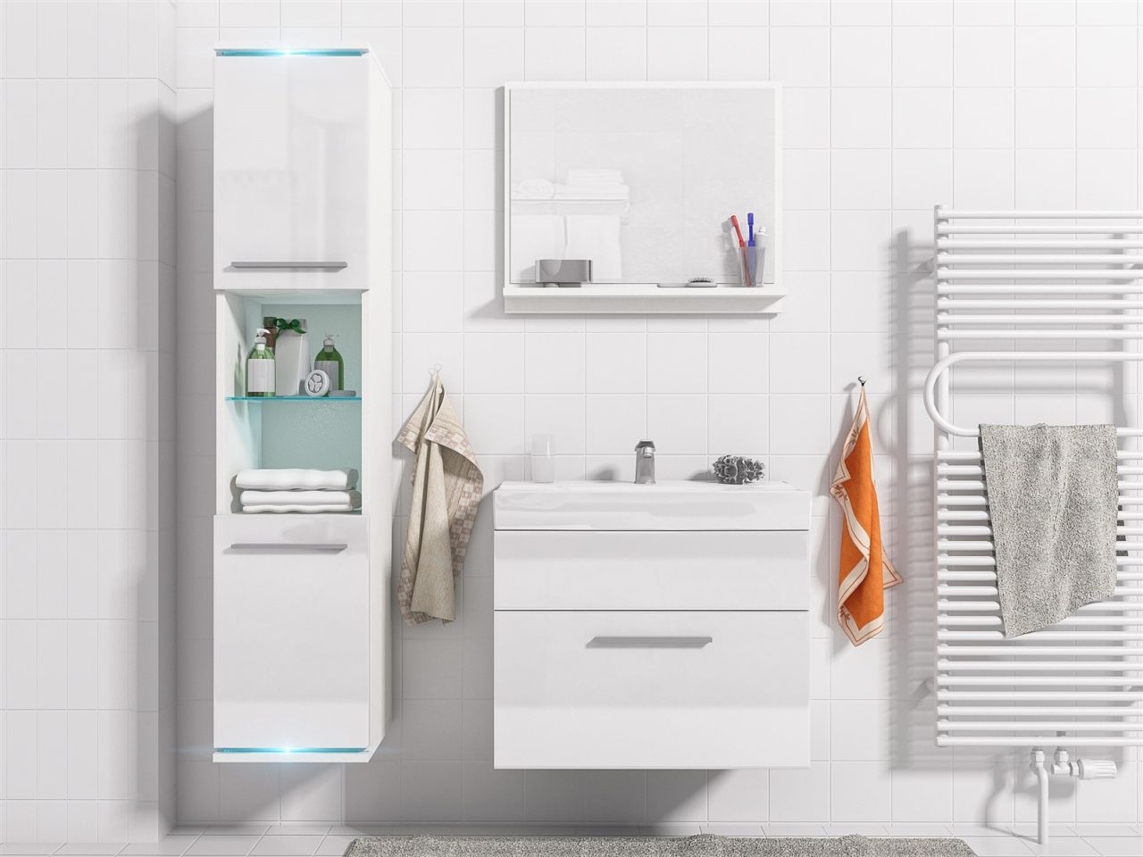 Badmöbel Set 4-Tlg Weiss Hochglanz TOPI inkl.Waschtisch