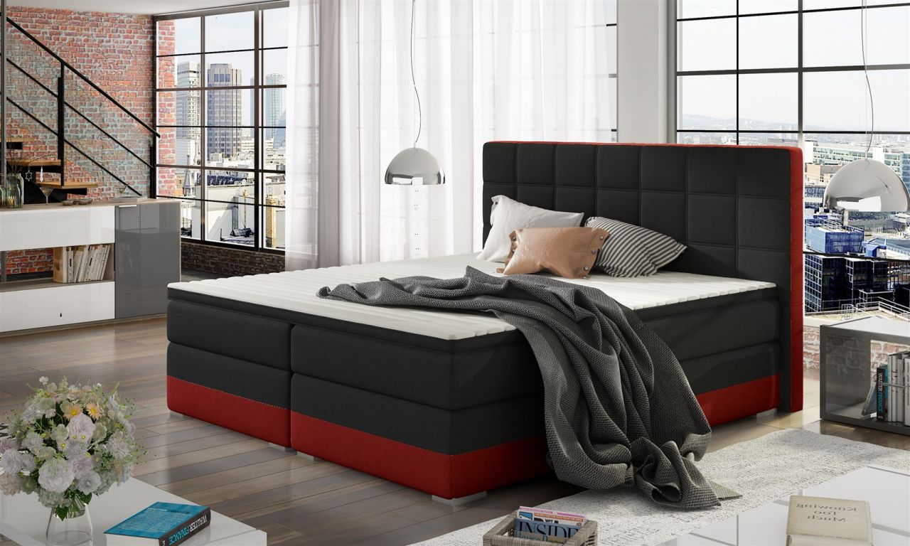 Boxspringbett Bett PRATO Webstoff Schwarz/ Rot 140x200cm