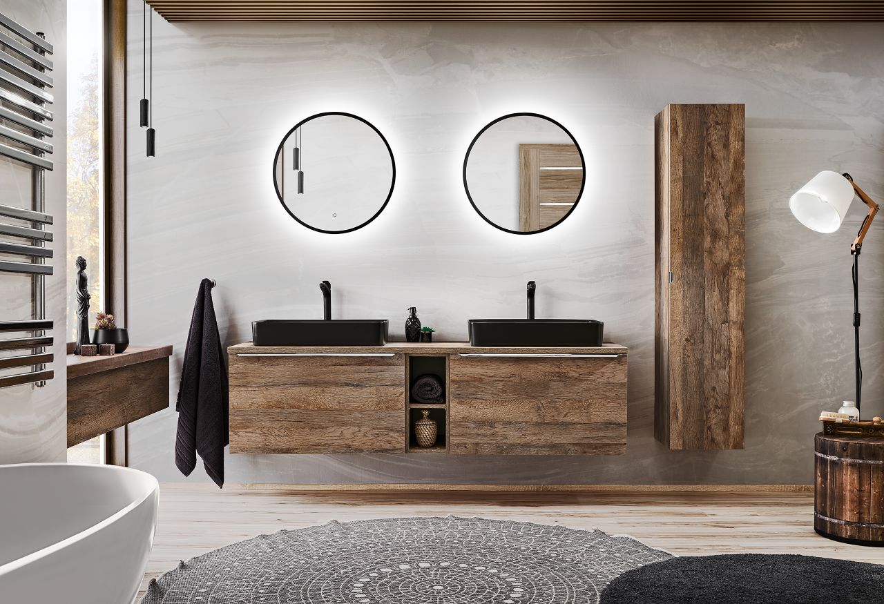 Badmöbel Set 8-tlg Badezimmerset AKAN Vintage Eiche Spiegel 60cm inkl Waschtisch