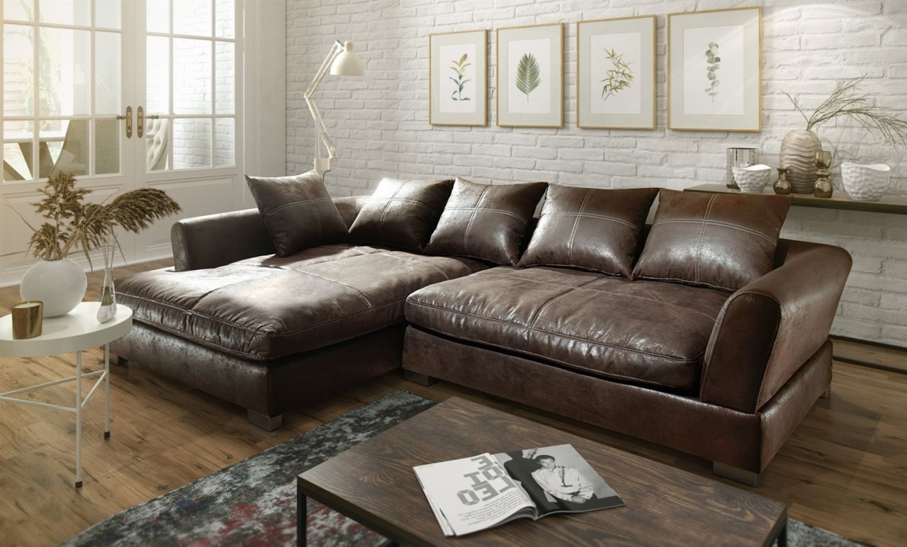 Couchgarnitur TIZIAN L-Form Wildlederoptik- Dunkelbraun/Ottomane Links