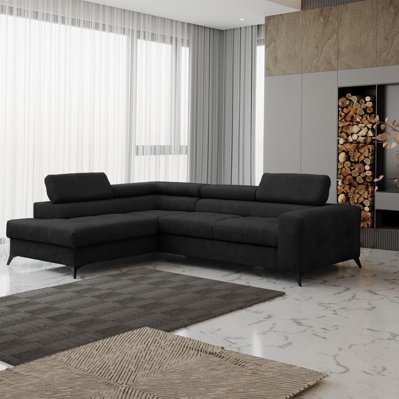 Ecksofa Schlafsofa AMADEO Stoff Anafi Schwarz Ottomane Links