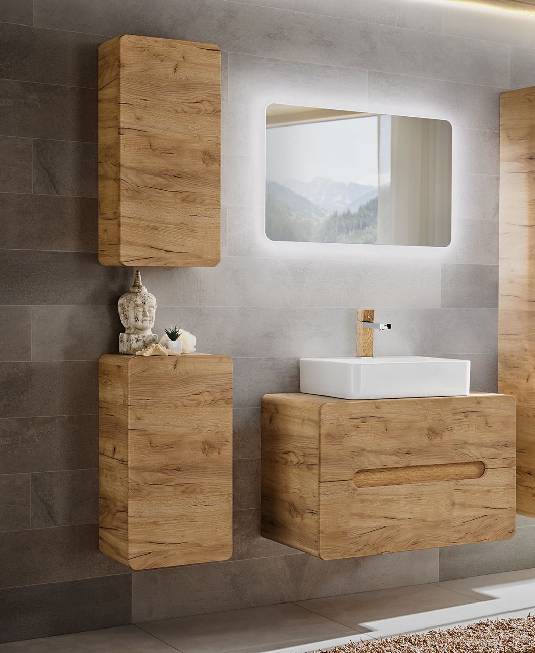 Badmöbel Set 5-tlg Badezimmerset FERMO 80cm Gold Eiche inkl.Waschtisch