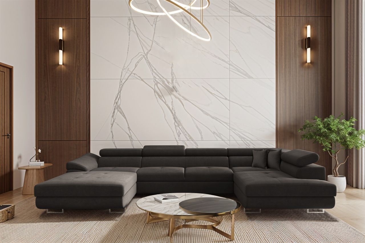 Wohnlandschaft Schlafsofa Sofa CARMELO in Stoff Nova Grafit Ottomane Links