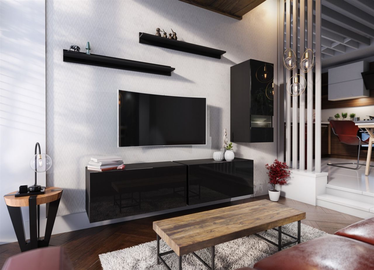 Mediawand Wohnwand 5 tlg - NEXI XL 9 - Schwarz Hochglanz und inkl.LED