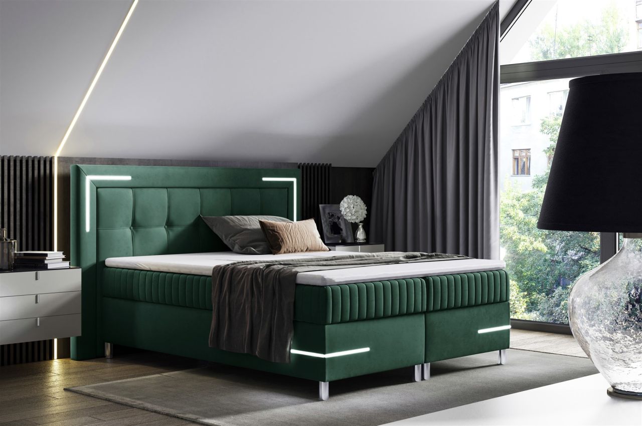 Boxspringbett Schlafzimmerbett 140x200cm AMORE Nr.1 Grün inkl. LED-Beleuchtung