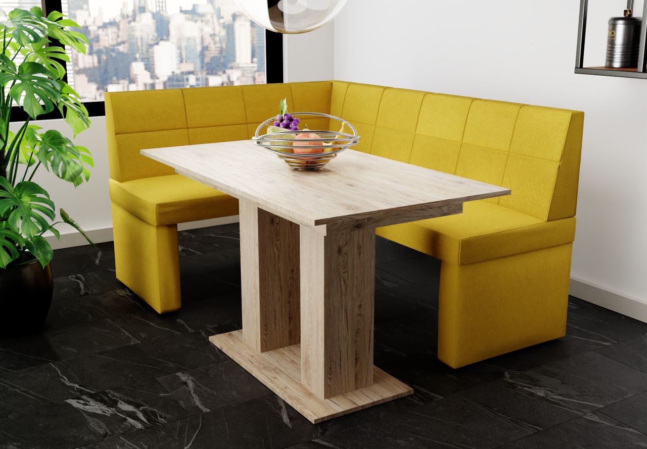 Eckbankgruppe 168x128 cm BLAKE R Stoff Soro Gelb / Esstisch DANTE Sonoma