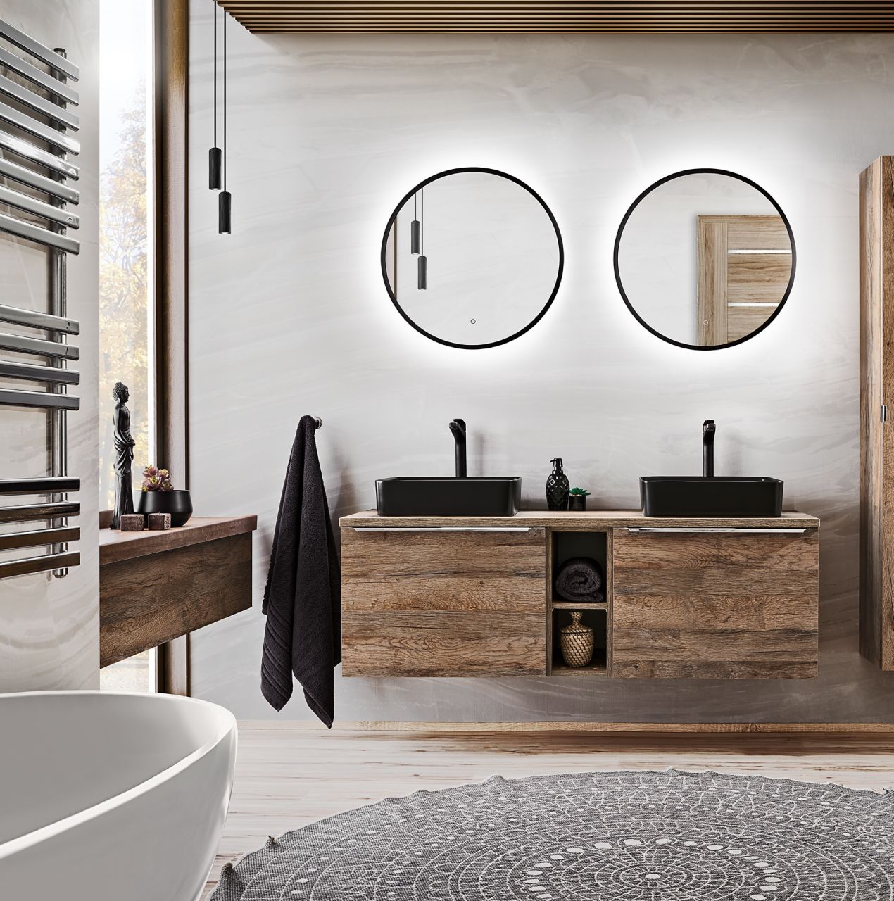 Badmöbel Set 7-tlg Badezimmerset AKAN Vintage Eiche 140cm inkl. Waschtisch