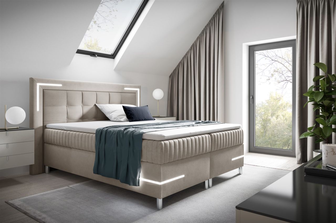 Boxspringbett Schlafzimmerbett 200x200cm AMORE Nr.2 Beige inkl. LED-Beleuchtung
