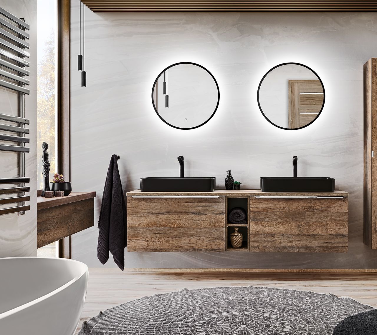 Badmöbel Set 5-tlg Badezimmerset AKAN Vintage Eiche Spiegel 60cm ohne Waschtisch