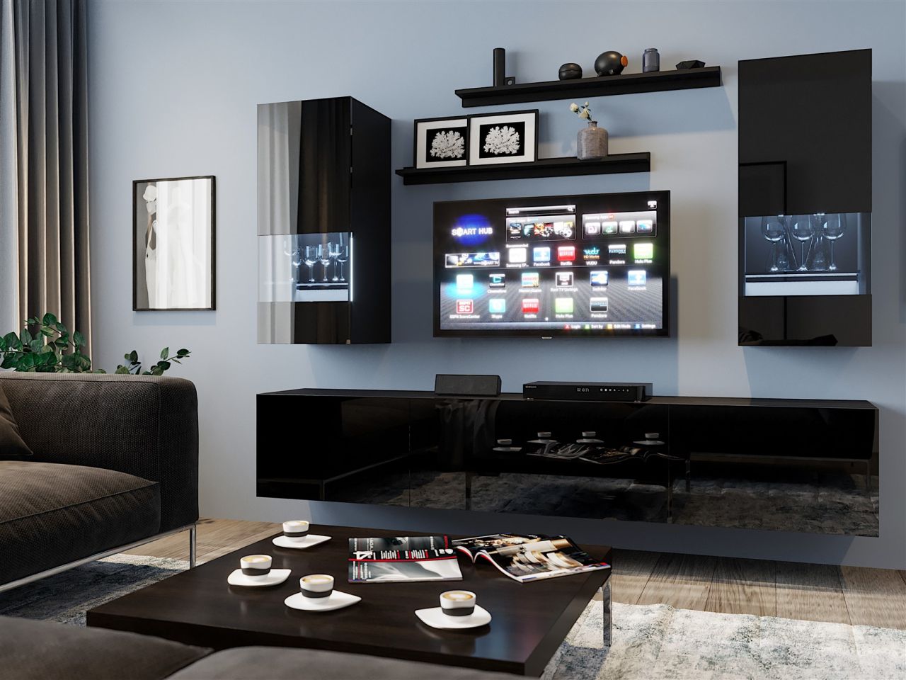 Mediawand Wohnwand 7 tlg - NEXI XL 24 - Schwarz Hochglanz inkl. LED