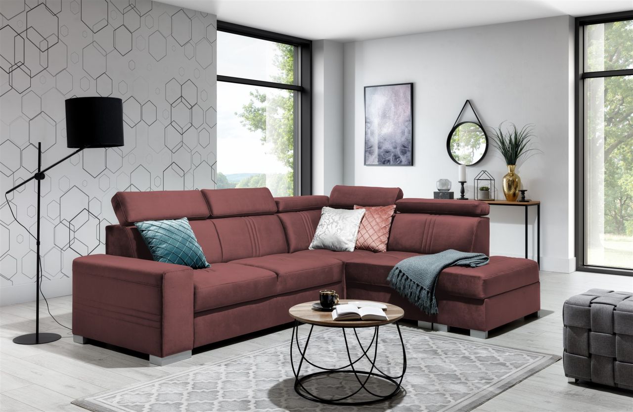 Ecksofa Schlafsofa NOLAN inkl. USB in Stoff Monolith Purpurrot Ottomane Rechts