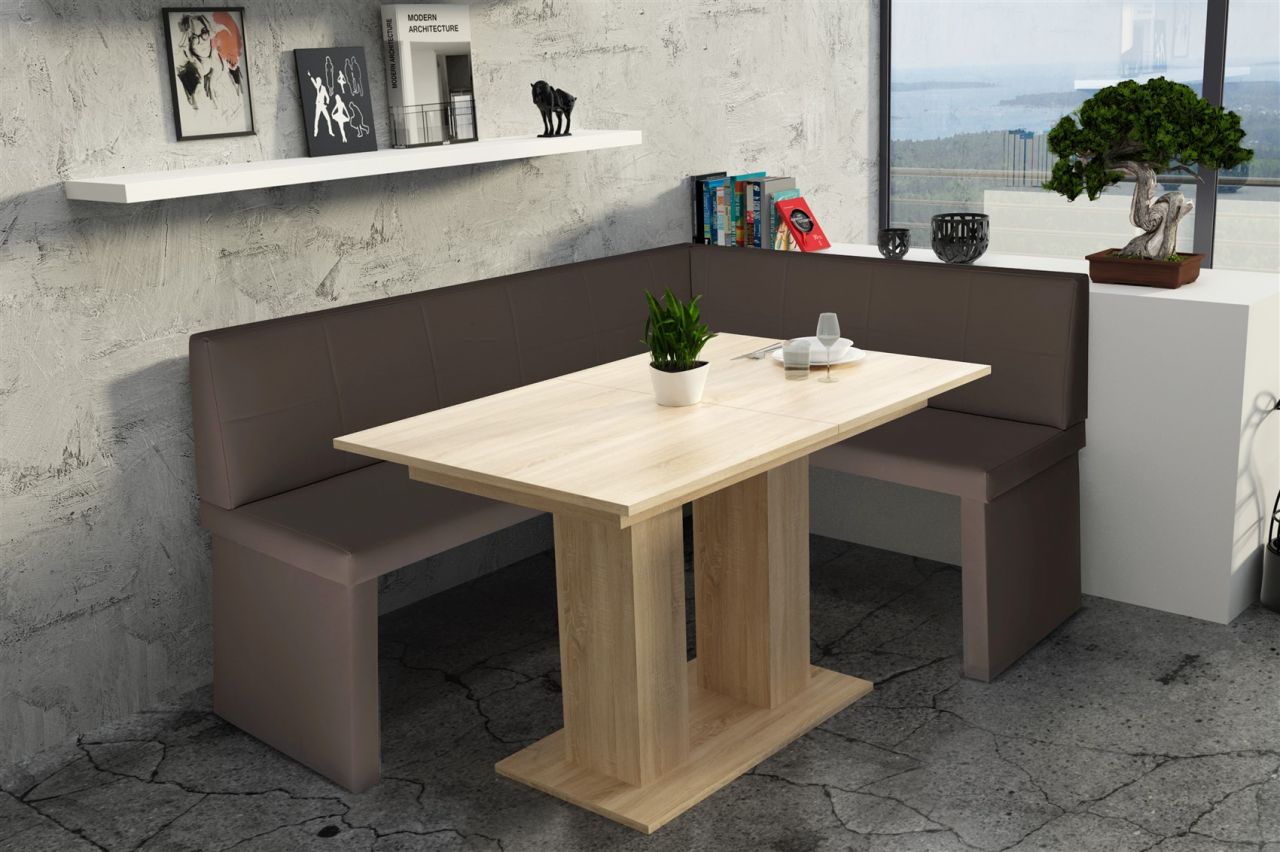 Eckbankgruppe 168x128 cm ROBIN L Braun / Esstisch DANTE Sonoma
