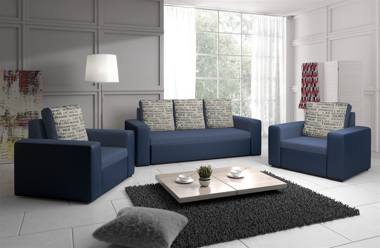 Sofa Set LEEDS 3-1-1 Sofagarnitur in Kunstleder-Webstoff Blau