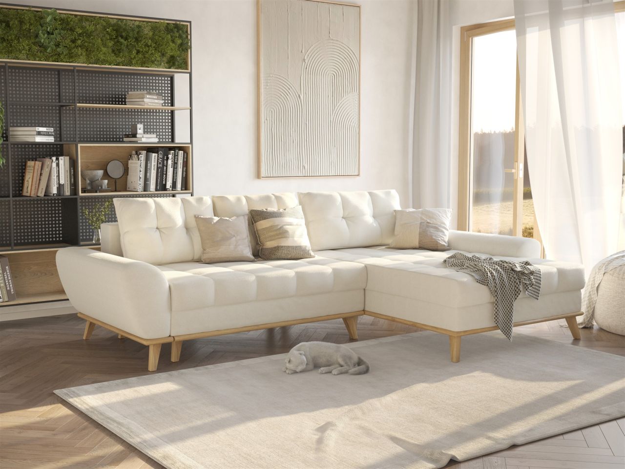 Ecksofa Schlafsofa Sofa MARTINA Stoff Enjoy Creme Ottomane Rechts