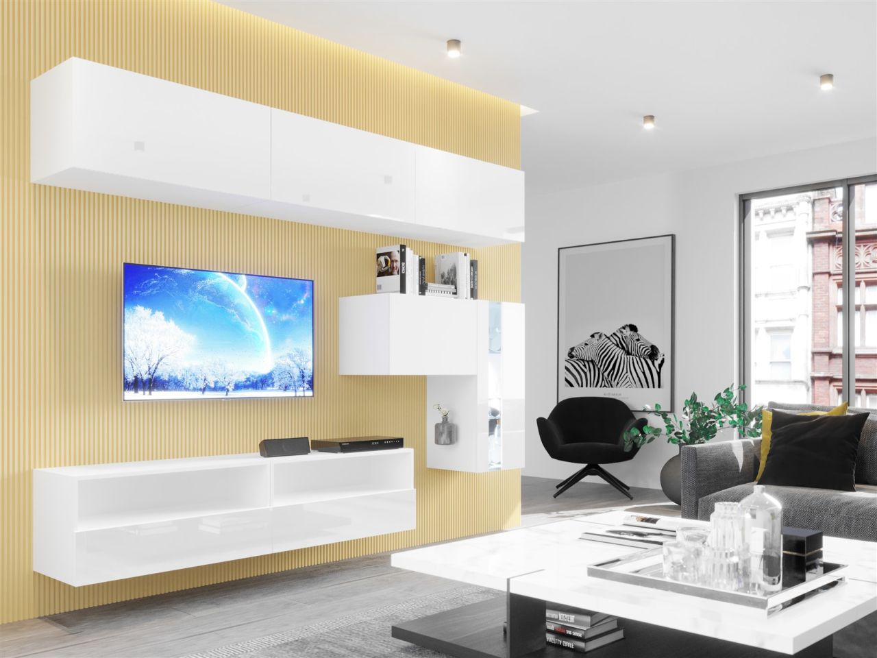 Mediawand Wohnwand 7 tlg - NEXI XL 33 - Weiss Hochglanz inkl. LED